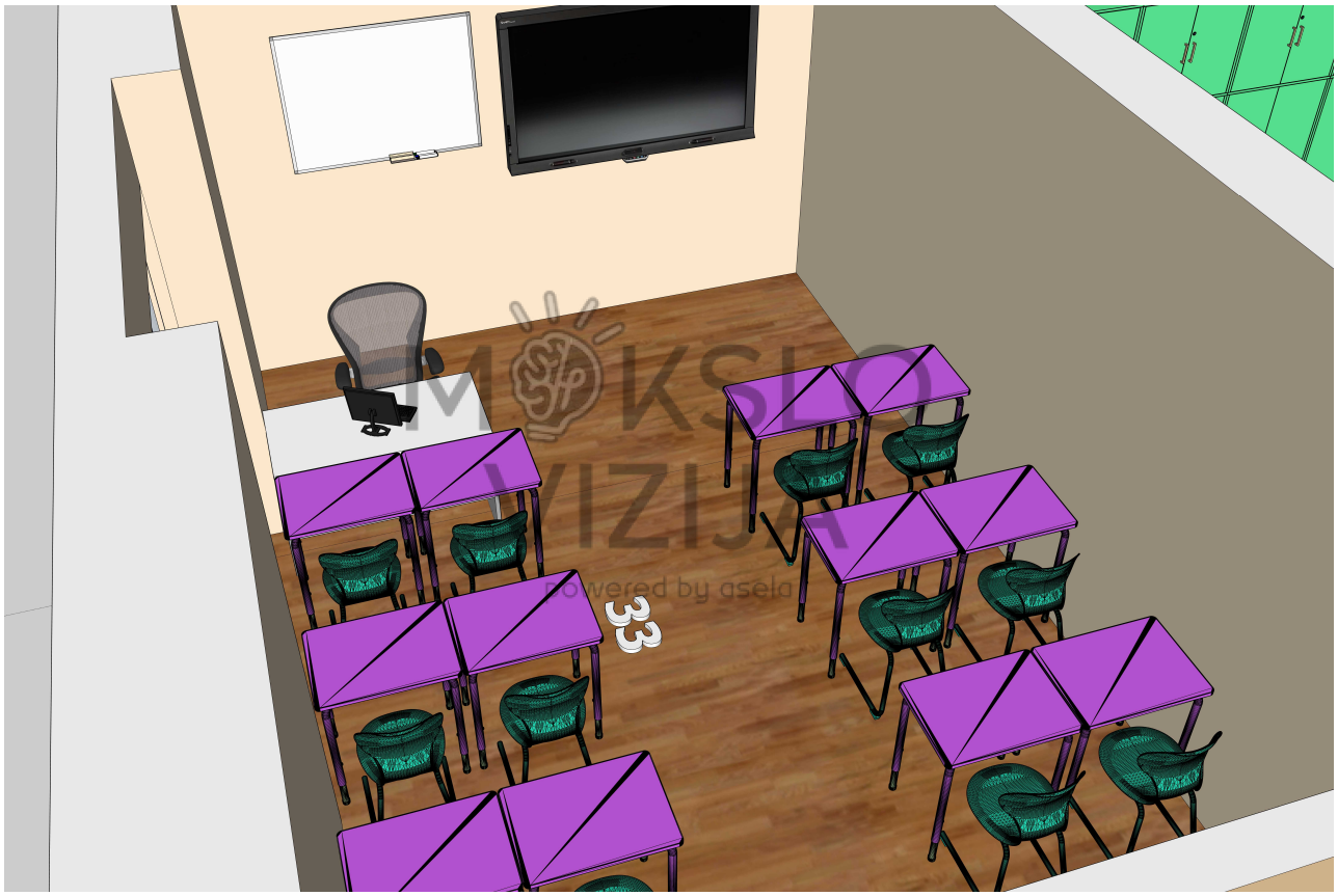 Dailės ir dizaino erdvės planas su individualiomis bei porinėmis darbo vietomis.