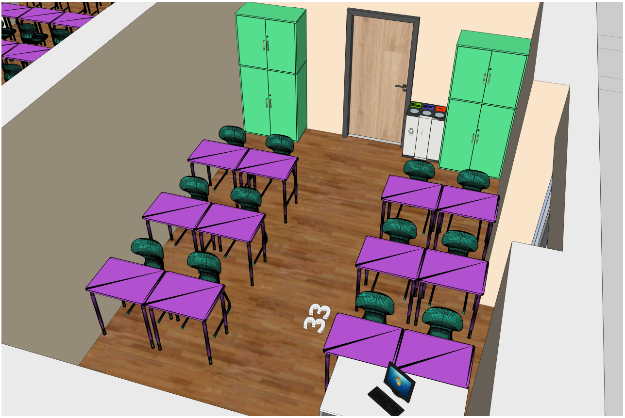 Meno užsiėmimų klasės brėžinys su kūrybinėmis darbo vietomis ir laikymo spintelėmis.