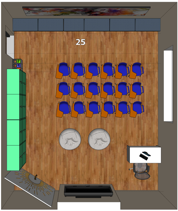 Integruoto STEAM ugdymo planas: minkštos zonos idėjoms, eksperimentų erdvė, spintelės perimetru.