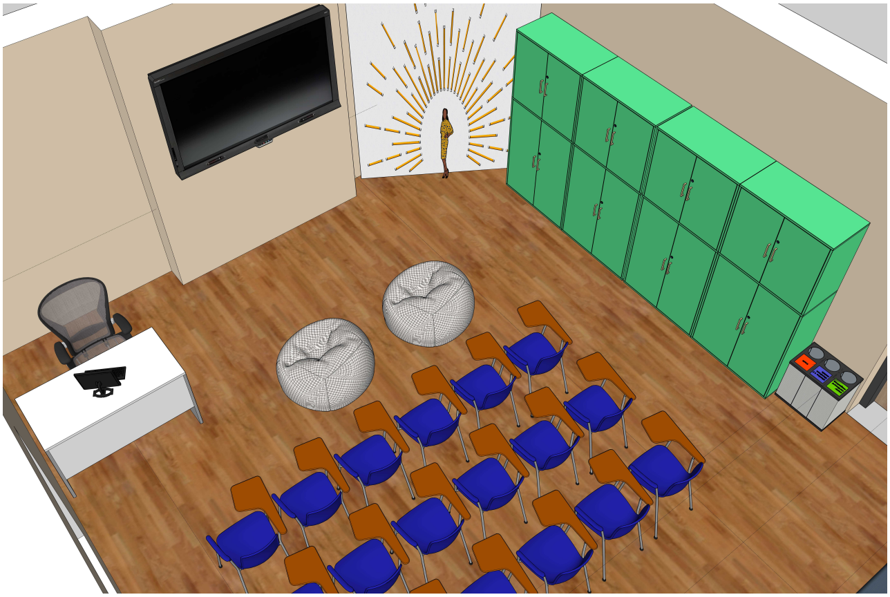 STEAM edukacinės erdvės brėžinys su mobiliais sėdėjimais, atvira centrine zona ir laikymu.