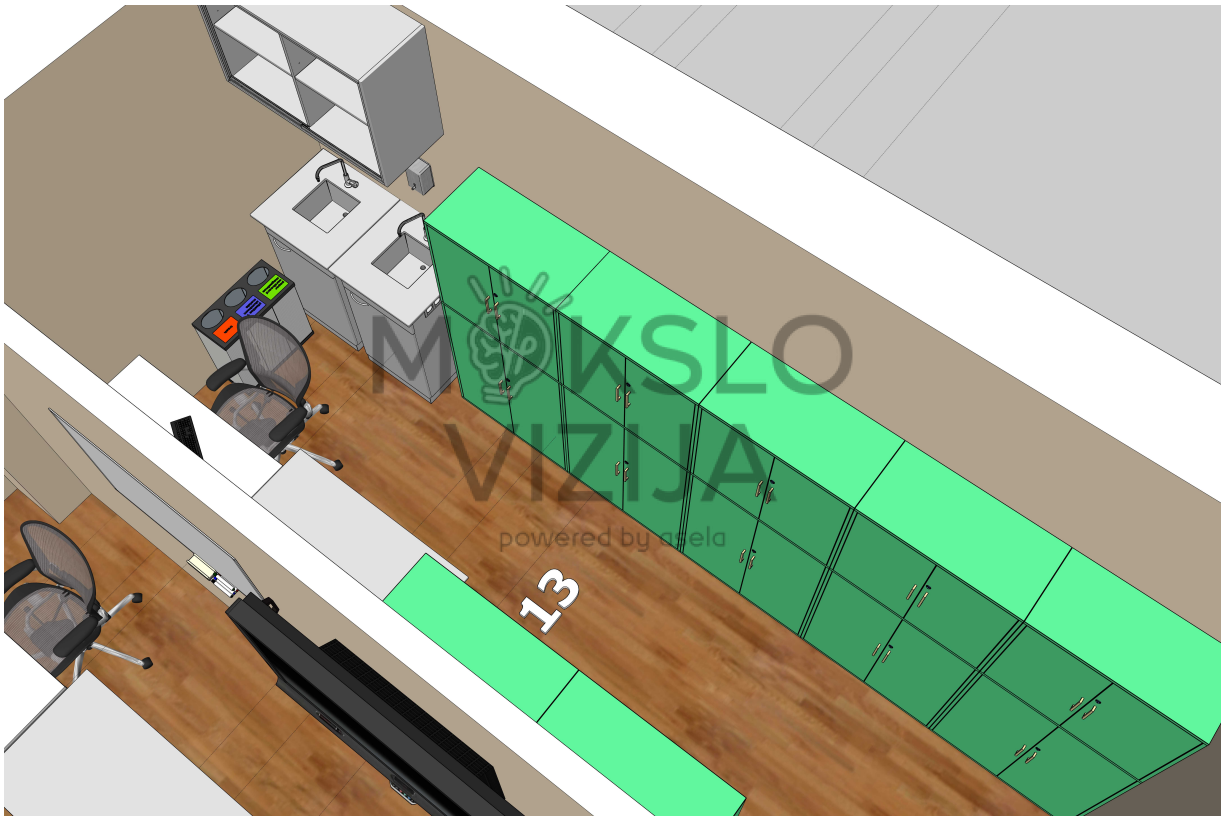 Biologijos kabineto su paruošiamąja patalpa brėžinys, stalai eilėmis ir demonstracinė zona