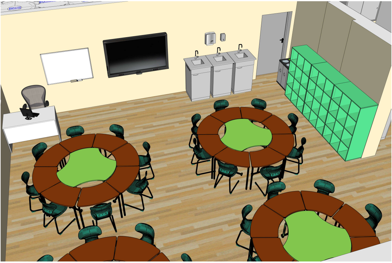 Perimetru išdėstytos spintelės, darbo paviršiai ir plovimo zonos skirtos priemonėms, reagentams ir mokymo medžiagai laikyti bei pasirengimui praktinėms veikloms