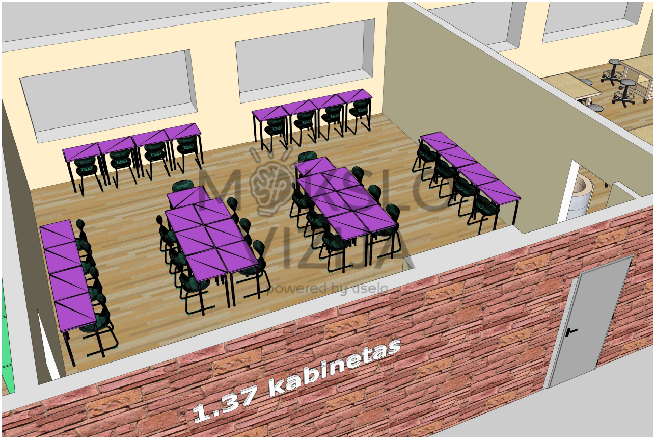 Kompiuterių klasės planas programavimui ir robotikai, su mokytojo zona ir demonstravimu.