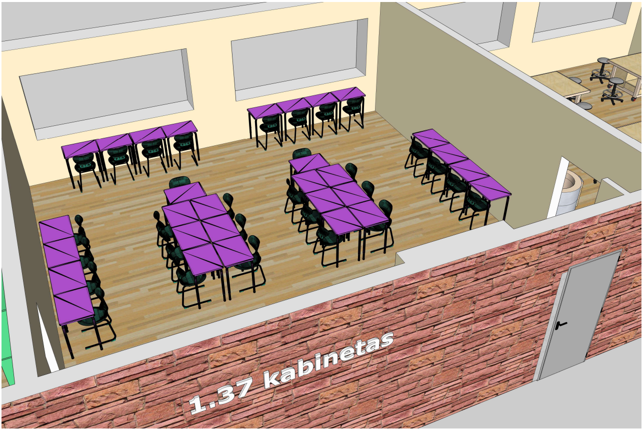 Kompiuterių klasės planas programavimui ir robotikai, su mokytojo zona ir demonstravimu.