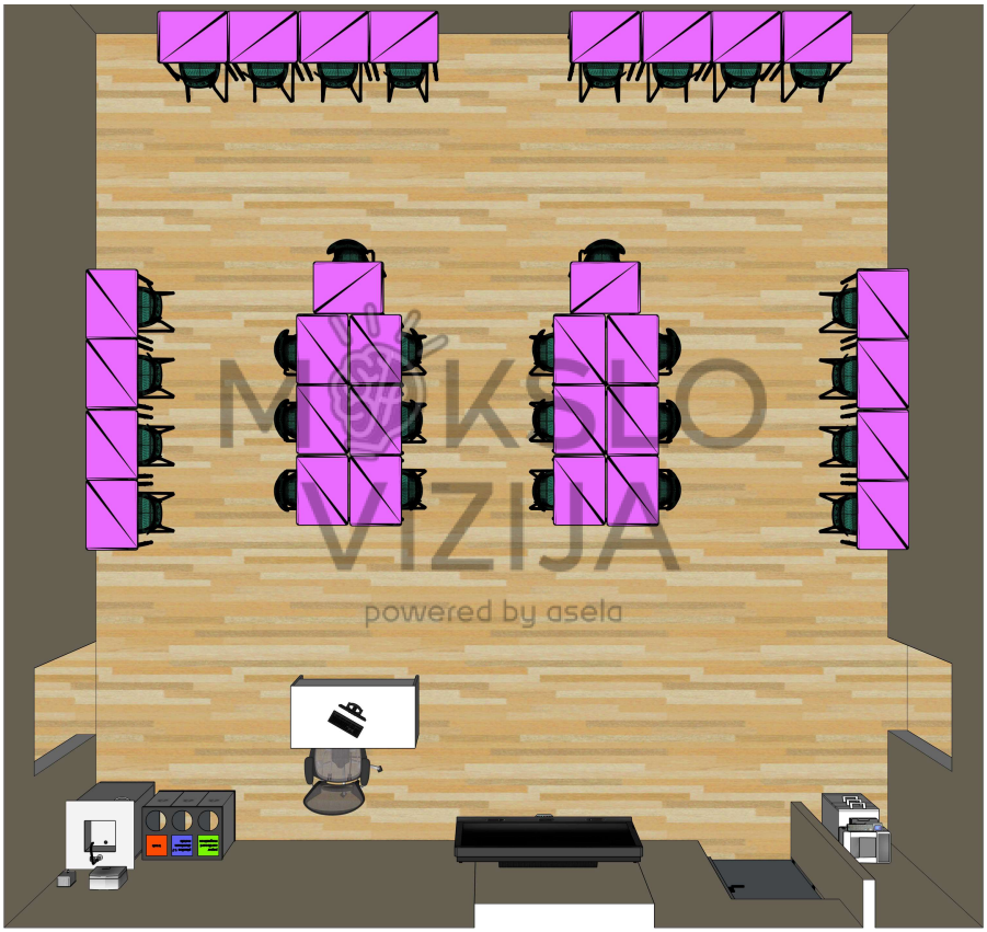 STEAM kompiuterių klasės brėžinys su darbo vietomis grupėmis ir eilėmis, aiškiais praėjimais.