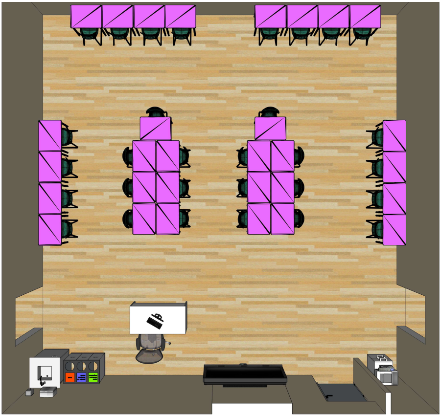 STEAM kompiuterių klasės brėžinys su darbo vietomis grupėmis ir eilėmis, aiškiais praėjimais.