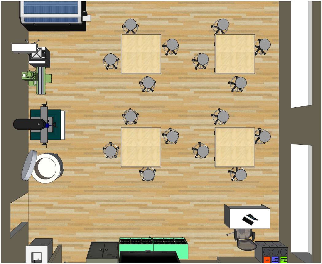Praktinių technologijų erdvės planas su bendrais stalais, aiškiais praėjimais ir laikymo sprendimais.