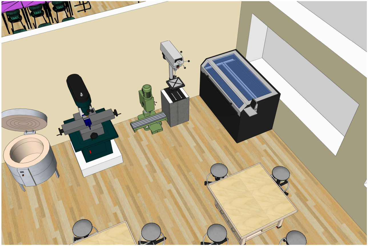 STEAM dirbtuvių brėžinys su grupinių projektų zonomis ir perimetru išdėstyta įranga.