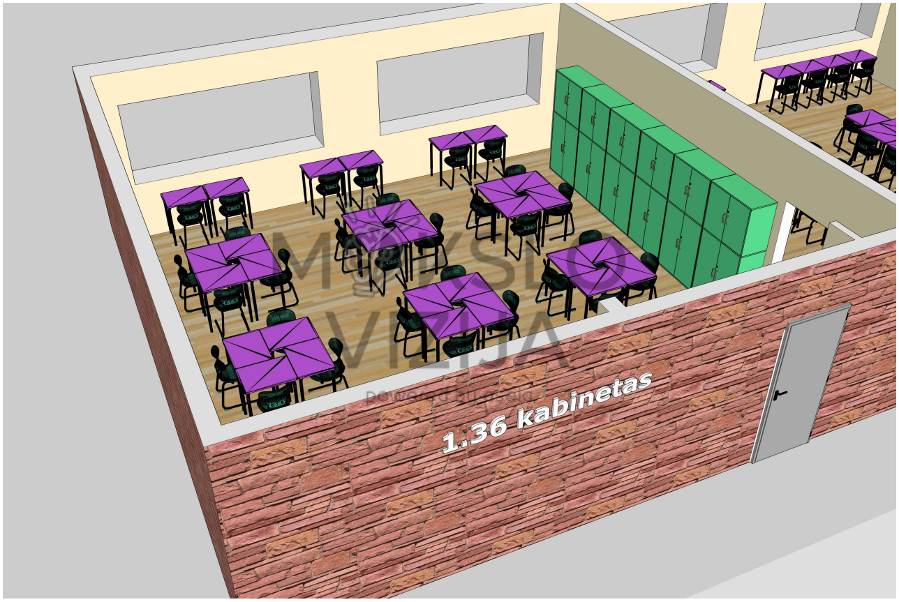 Laboratorijos planas biologijos, chemijos ir fizikos bandymams, su aiškiais praėjimais ir saugiais atstumais.