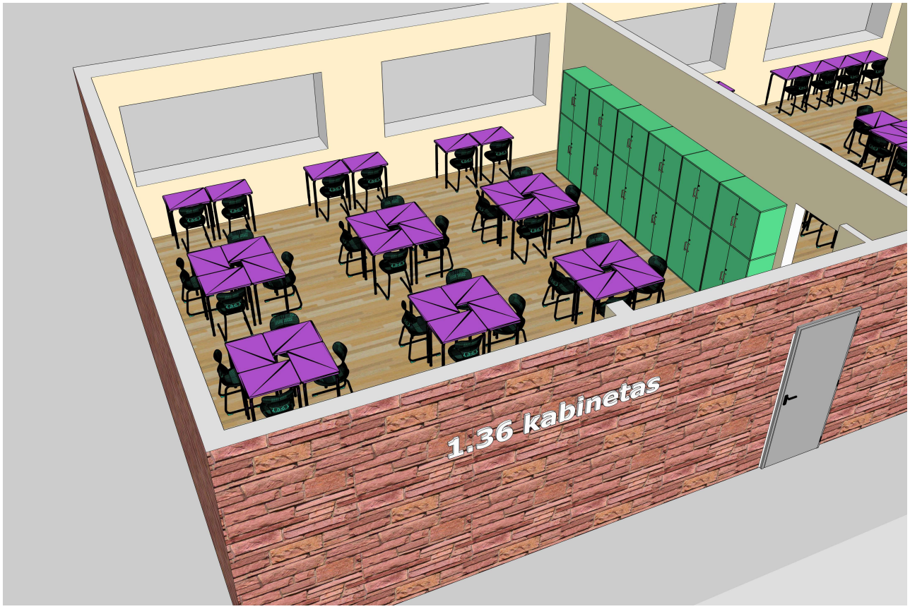 Laboratorijos planas biologijos, chemijos ir fizikos bandymams, su aiškiais praėjimais ir saugiais atstumais.