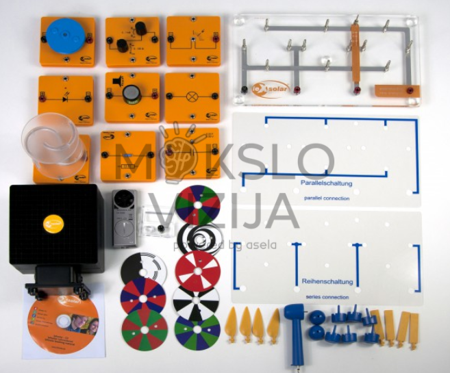 Vėjo energijos laboratorinis rinkinys su geltonais moduliais, rotoriaus detalėmis, jungimo plokštėmis ir matavimo komponentais.