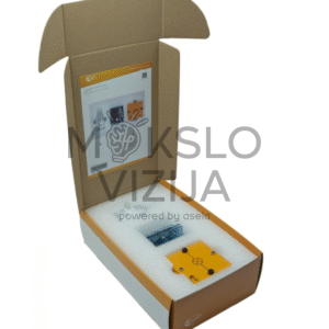 Vandenilio kuro elemento mokomasis rinkinys dėžėje su kuro elemento moduliu, lemputės moduliu ir distiliuotu vandeniu.