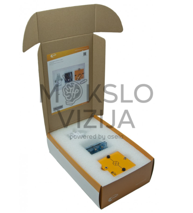 Vandenilio kuro elemento mokomasis rinkinys dėžėje su kuro elemento moduliu, lemputės moduliu ir distiliuotu vandeniu.