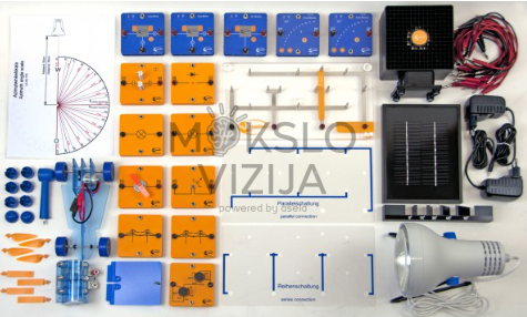 Saulės ir vėjo energijos mokymo rinkinys su moduliais, saulės moduliu, jungimo plokštėmis, laidais ir vėjo turbinos detalėmis.