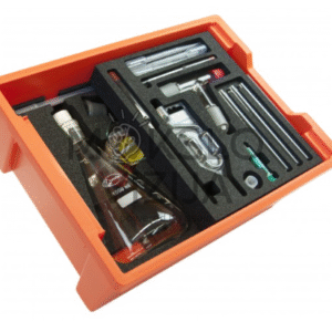 Vandenilio ir dujų eksperimentų mokymo rinkinys oranžiniame dėkle su stikline laboratorine įranga ir moduliais.