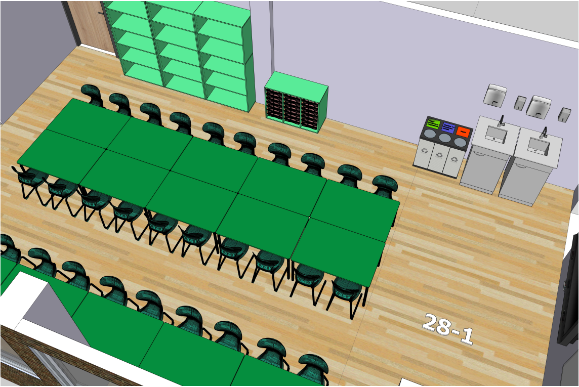 Funkcionali STEAM erdvė: bendri darbo stalai, projektų zona, technologinės įrangos laikymo sprendimai.