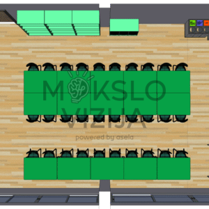 STEAM klasės išplanavimas su perimetru išdėstytais laikymo baldais ir bendradarbiavimui skirtais stalais.