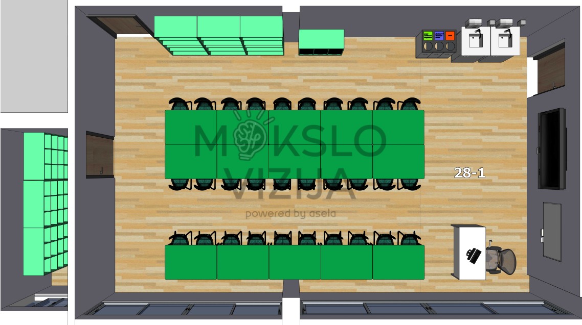 STEAM klasės išplanavimas su perimetru išdėstytais laikymo baldais ir bendradarbiavimui skirtais stalais.