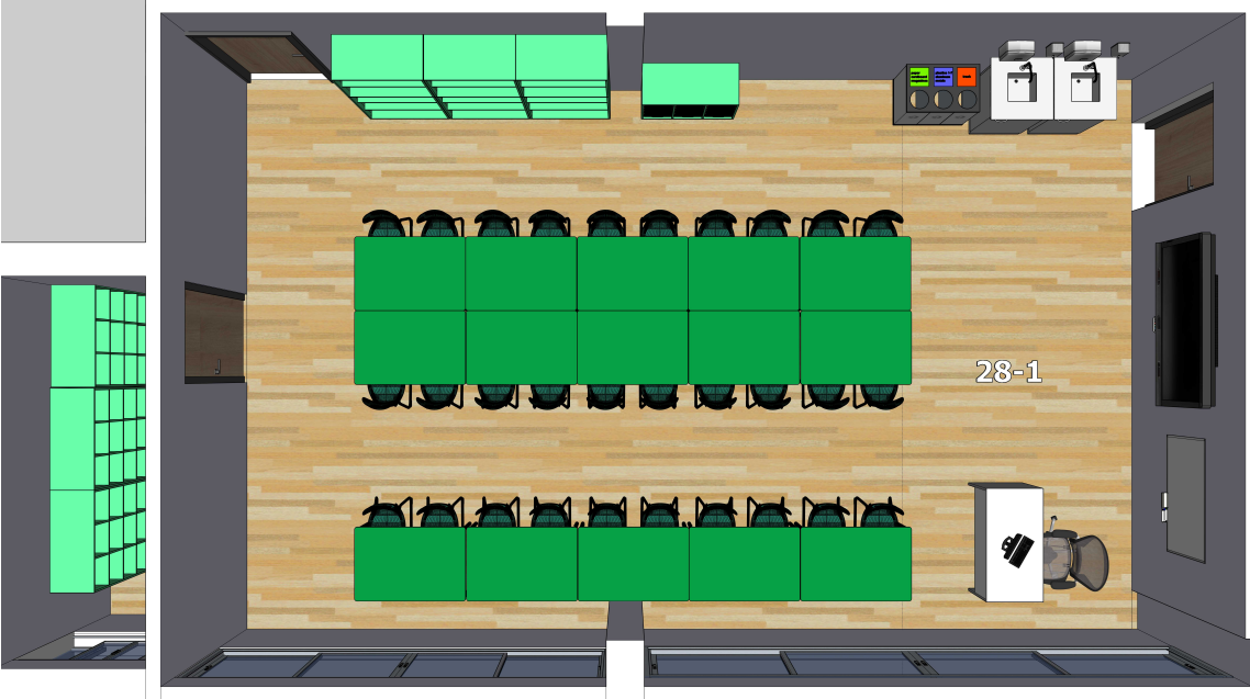 STEAM klasės išplanavimas su perimetru išdėstytais laikymo baldais ir bendradarbiavimui skirtais stalais.