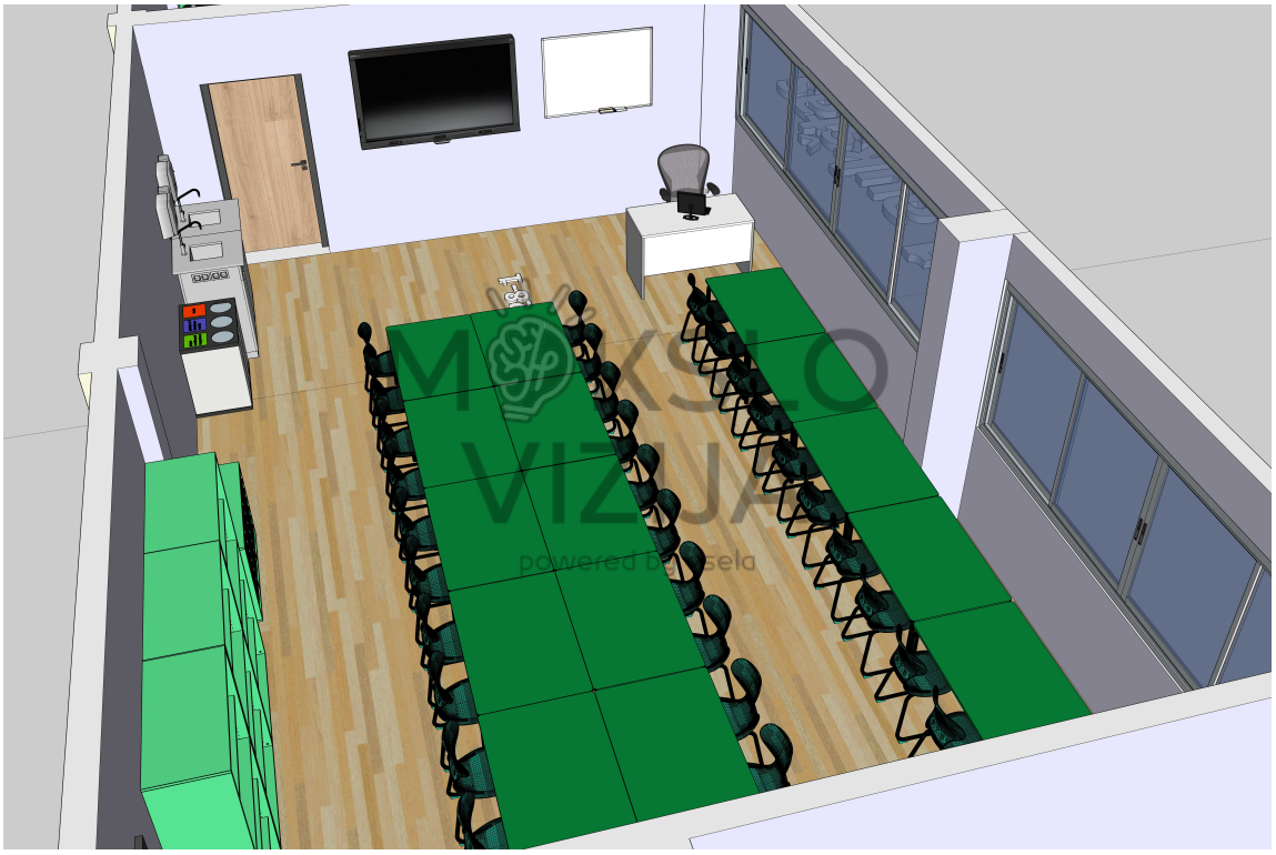 Dviejų patalpų STEAM planas projektiniam mokymuisi, su aiškiais praėjimais ir mokytojo vieta.