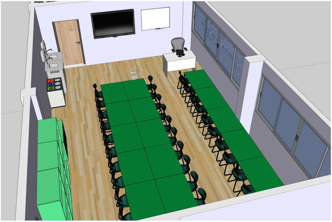 Dviejų patalpų STEAM planas projektiniam mokymuisi, su aiškiais praėjimais ir mokytojo vieta.