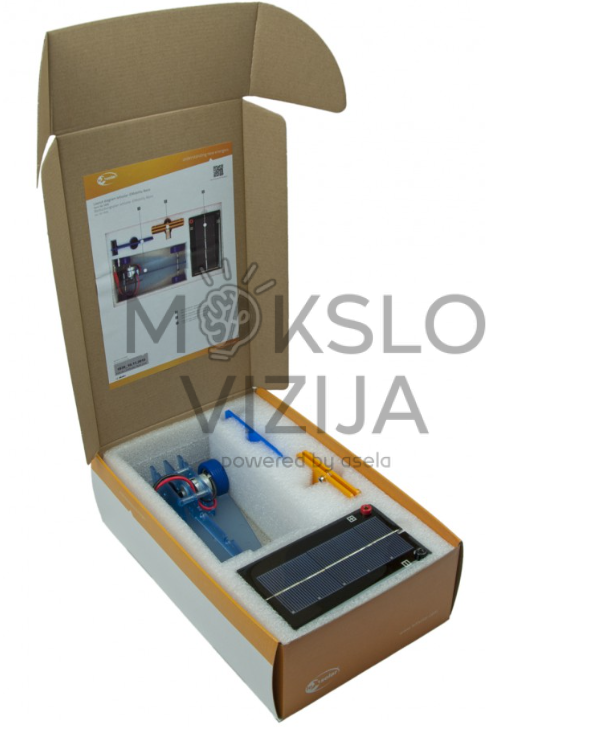 Saulės energijos automobilio mokomasis rinkinys dėžėje su mini automobiliu, saulės moduliu ir eksperimentiniais komponentais.