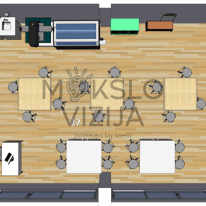 raktinės STEAM erdvės planas su aiškiais praėjimais, laikymo sprendimais ir mokytojo darbo vieta.