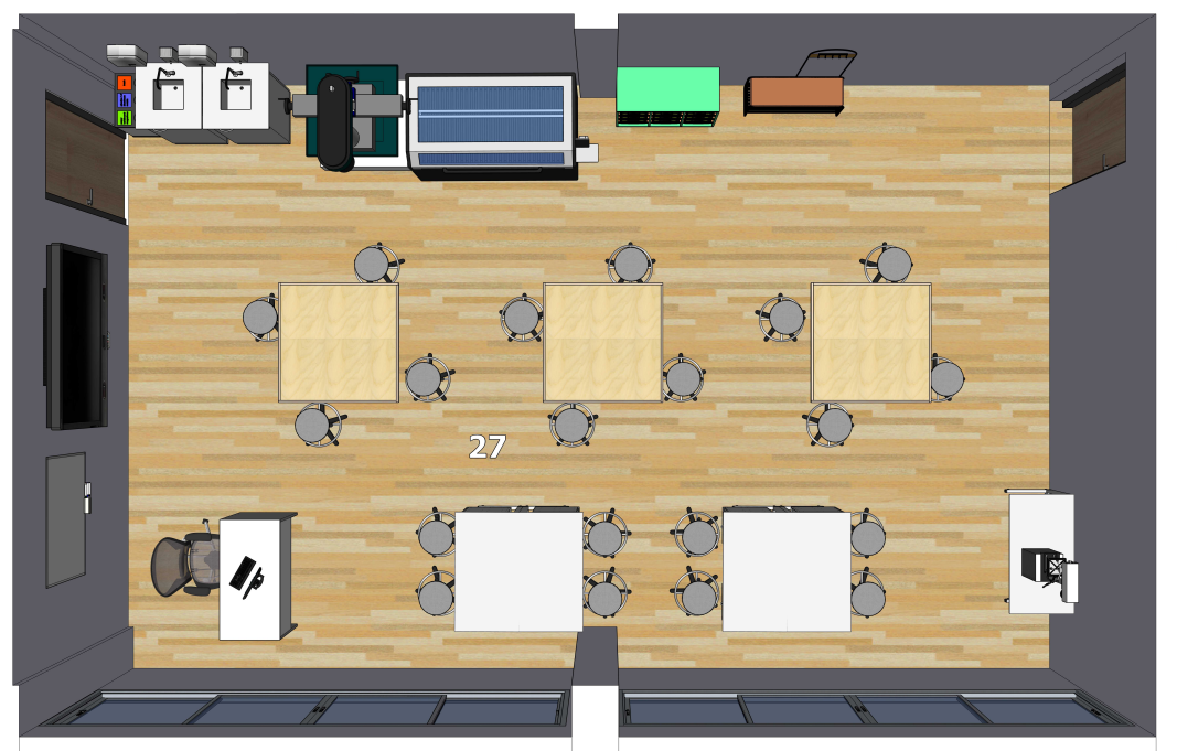 raktinės STEAM erdvės planas su aiškiais praėjimais, laikymo sprendimais ir mokytojo darbo vieta.