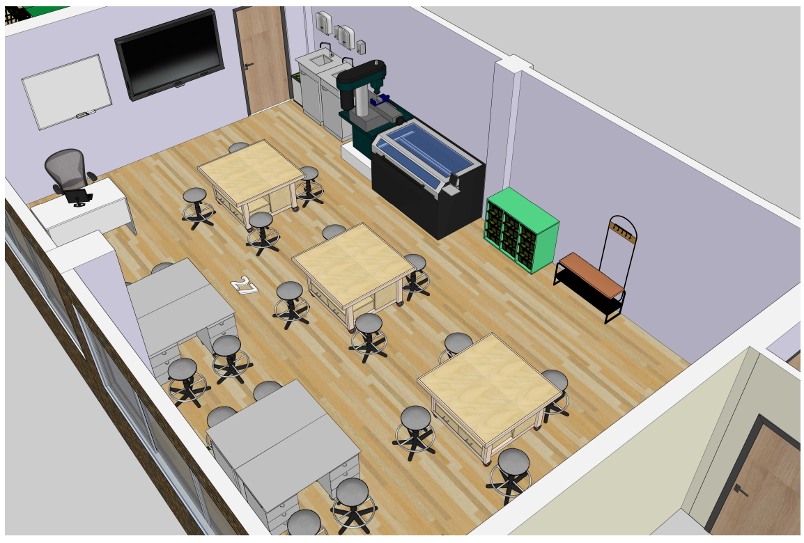 STEAM edukacinės erdvės brėžinys su grupinio darbo salelėmis ir specializuotomis zonomis perimetru.