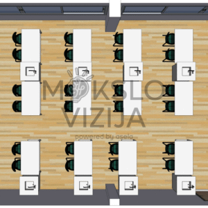 Biologijos, chemijos ir fizikos laboratorijos planas su demonstracine ir laikymo zona.