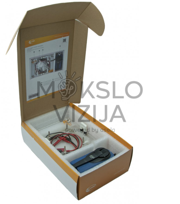 Rankinio generatoriaus mokomasis rinkinys dėžėje su laidais ir jungimo platforma.