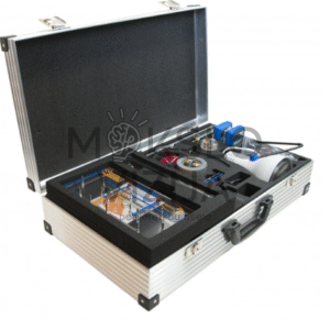 Vandenilio kuro elemento mokomasis rinkinys aliuminiame lagamine su eksperimentiniais moduliais ir priedais.