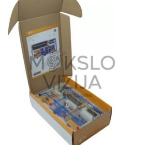 Serijinio jungimo mokymo rinkinys su elektriniais moduliais, laidais ir maitinimo adapteriu ant balto fono.