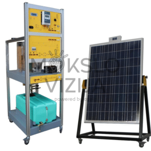 Saulės energijos mokymo stendas su vandens rezervuaru ir atskiru fotovoltiniu moduliu ant mobilios konstrukcijos.