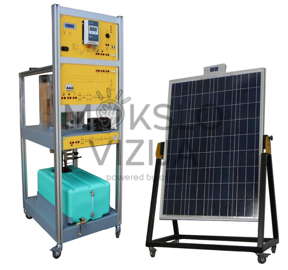 Saulės energijos mokymo stendas su vandens rezervuaru ir atskiru fotovoltiniu moduliu ant mobilios konstrukcijos.