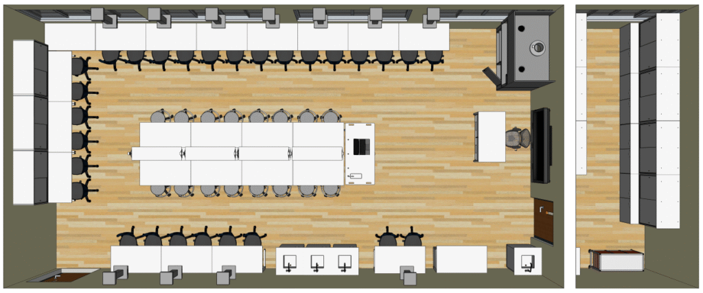 Gamtos mokslų klasės brėžinys su laboratoriniais stalais ir demonstracine zona.