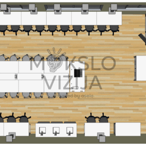 Gamtos mokslų klasės brėžinys su laboratoriniais stalais ir demonstracine zona.