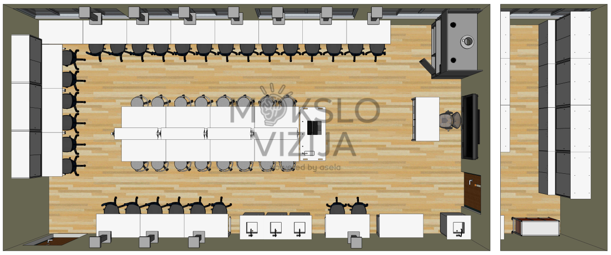 Gamtos mokslų klasės brėžinys su laboratoriniais stalais ir demonstracine zona.
