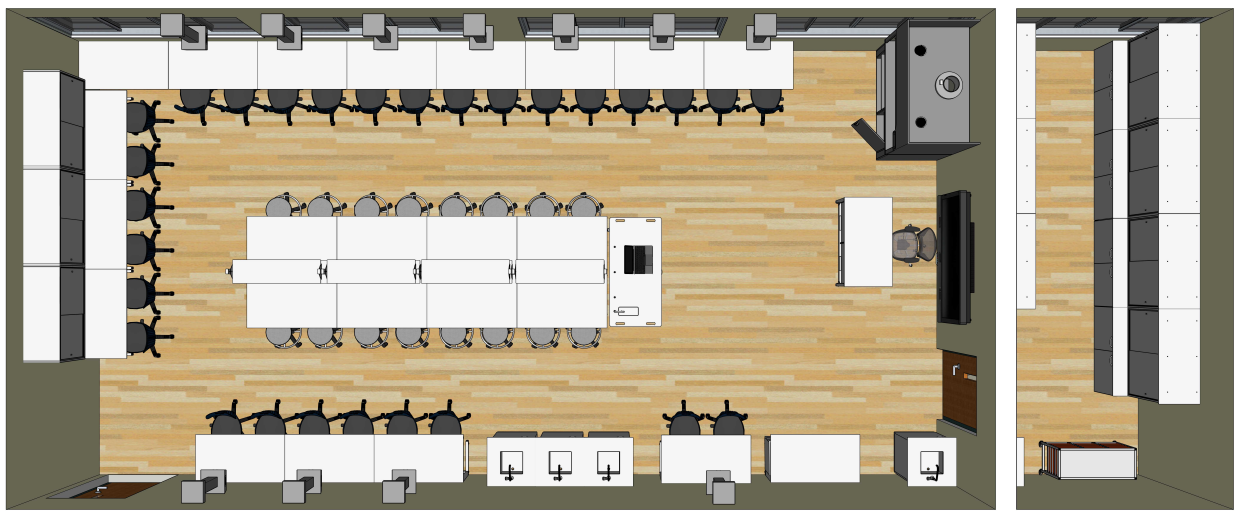 Gamtos mokslų klasės brėžinys su laboratoriniais stalais ir demonstracine zona.