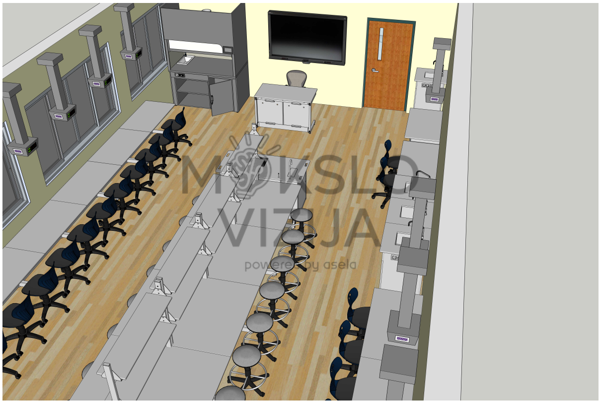 Pilnai sukomplektuota gamtos mokslų klasė su eksperimentų zonomis ir tvarkingu laikymu.