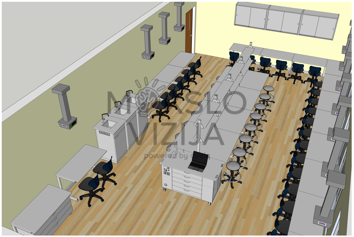 Fizikos, chemijos ir biologijos klasės išplanavimas su mokinių darbo vietomis ir įranga.
