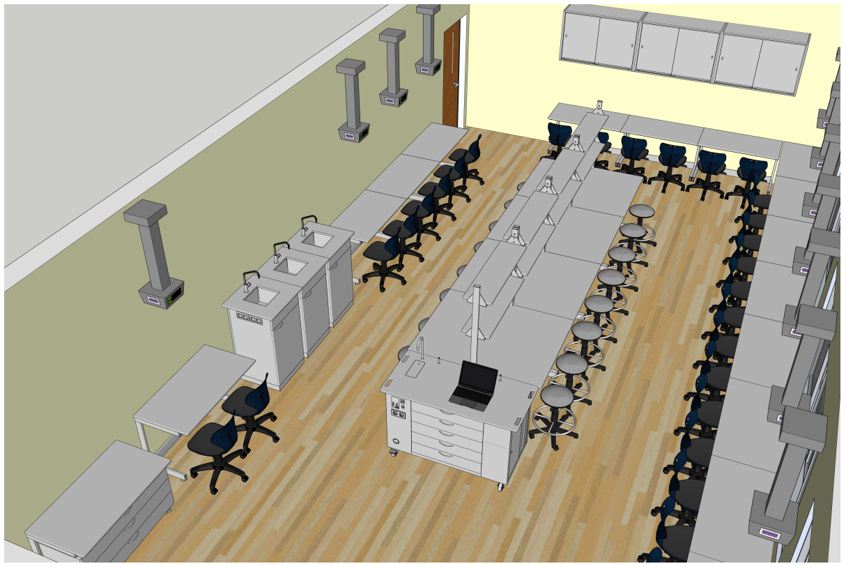 Fizikos, chemijos ir biologijos klasės išplanavimas su mokinių darbo vietomis ir įranga.