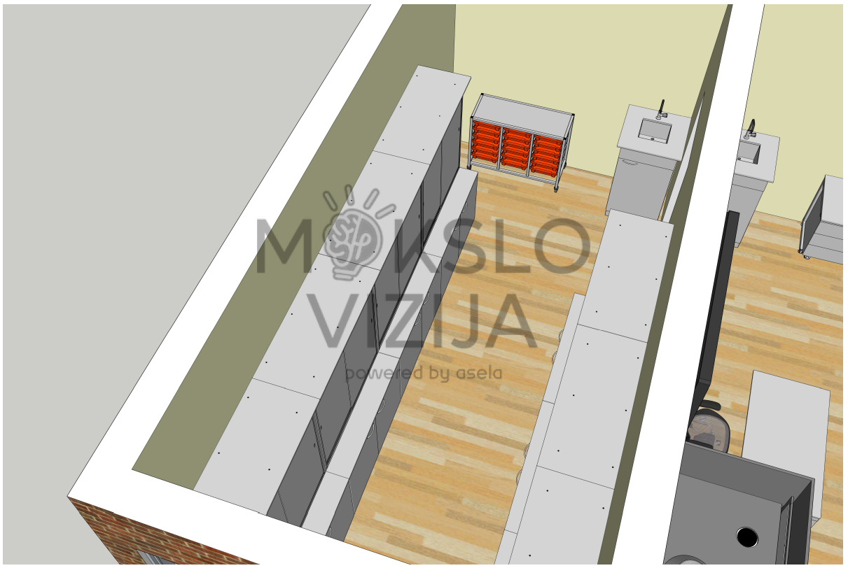 Ergonomiškos laboratorijos planas su centrine darbo zona ir laikymo sprendimais.