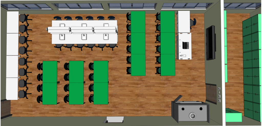 Pilnos komplektacijos laboratorijos planas su mokinių stalais, mokytojo zona ir mokymo priemonių laikymu.