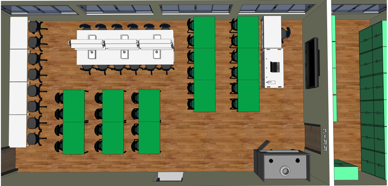 Pilnos komplektacijos laboratorijos planas su mokinių stalais, mokytojo zona ir mokymo priemonių laikymu.