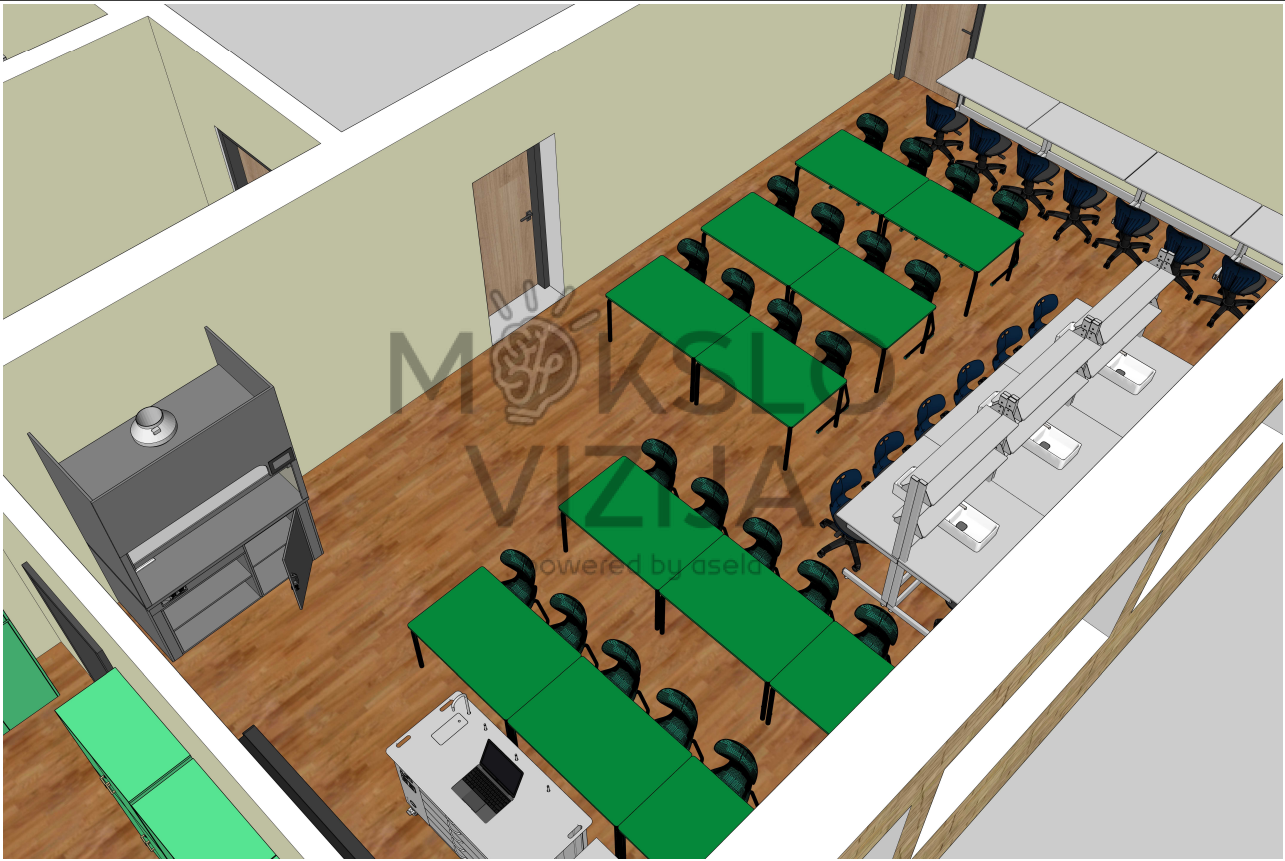 Gamtos mokslų kabineto sprendimo brėžinys su grupinio darbo vietomis, demonstraciniu stalu ir laikymo zonomis.