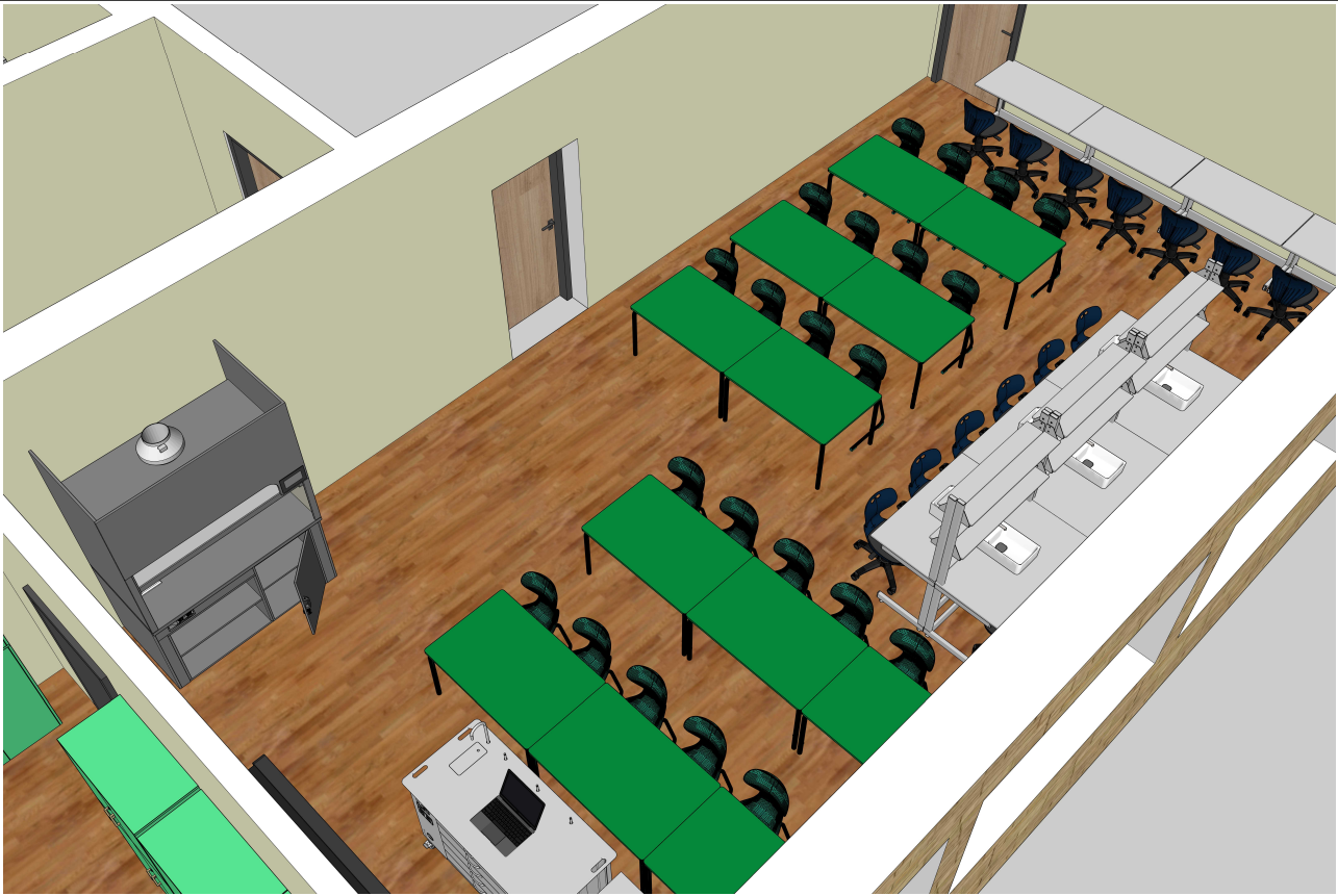 Gamtos mokslų kabineto sprendimo brėžinys su grupinio darbo vietomis, demonstraciniu stalu ir laikymo zonomis.