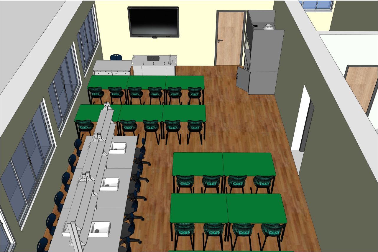 Gamtos mokslų klasės išplanavimas su mokinių darbo zonomis ir laikymo baldais perimetru.