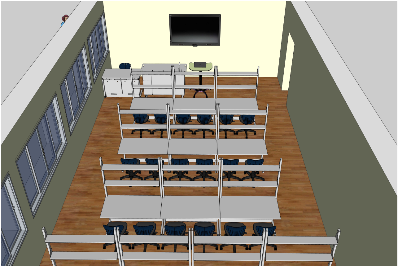 Biologijos, chemijos ir fizikos kabineto planas su centrine laboratorinių darbų zona ir praėjimais.