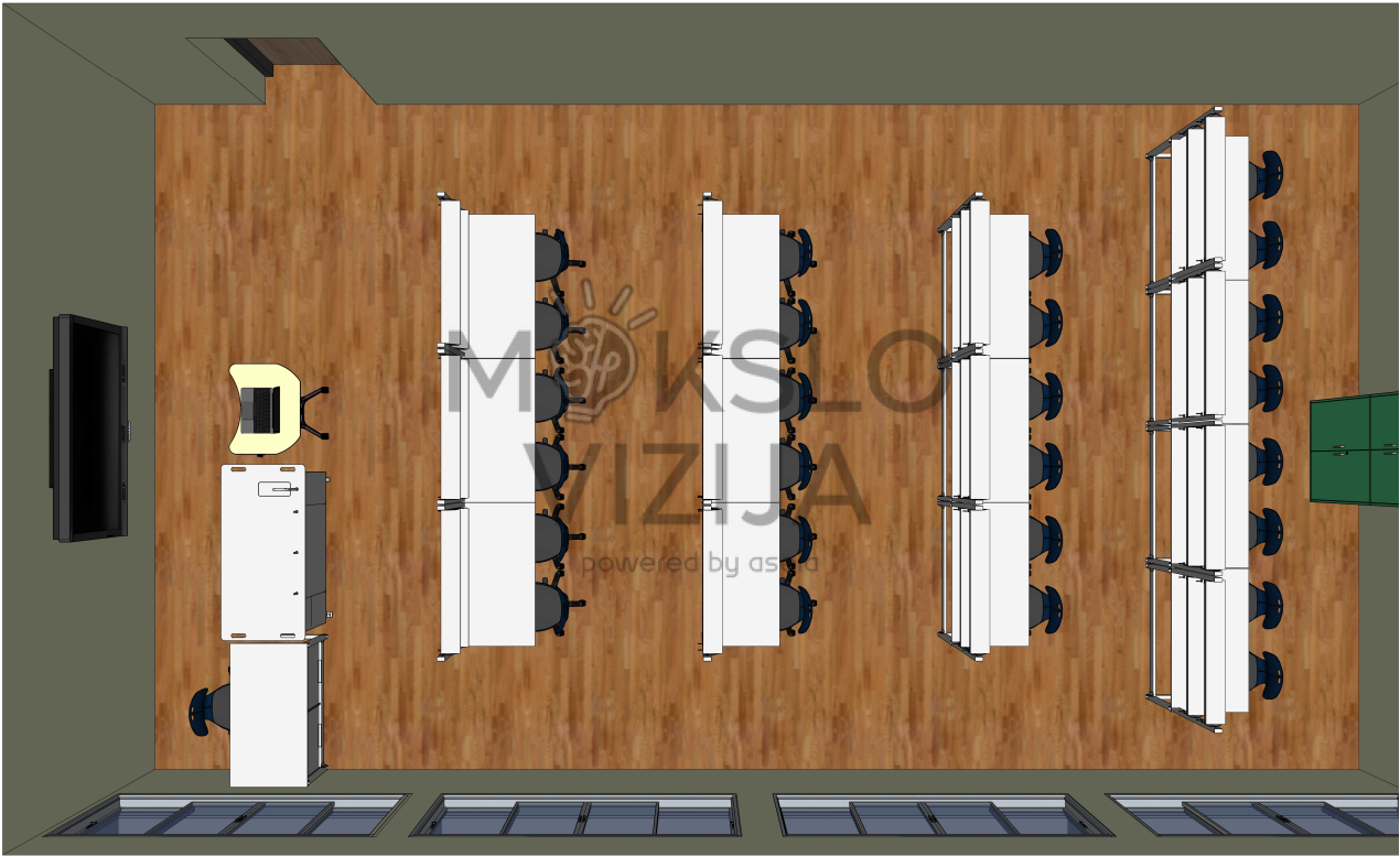 Integruoto gamtos mokslų kabineto brėžinys su laboratoriniais stalais ir demonstracine zona.